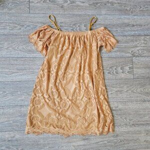 🔥4/$20 Ultra Flirt Mustard Yellow Lace Overlay Cold Shoulder Mini Shift Dress